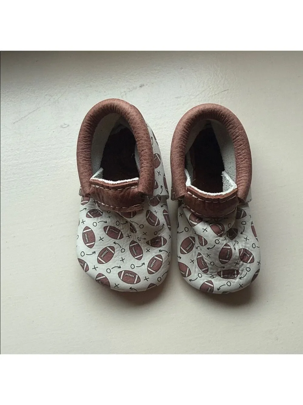 Freshly Picked Brown‎ and White Football Print Baby Shoes Size 3 NEVER WORN